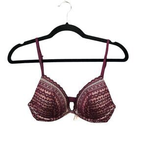 Victoria's Secret Plunge Bra 32D Purple Burgundy Lace Underwire Padded